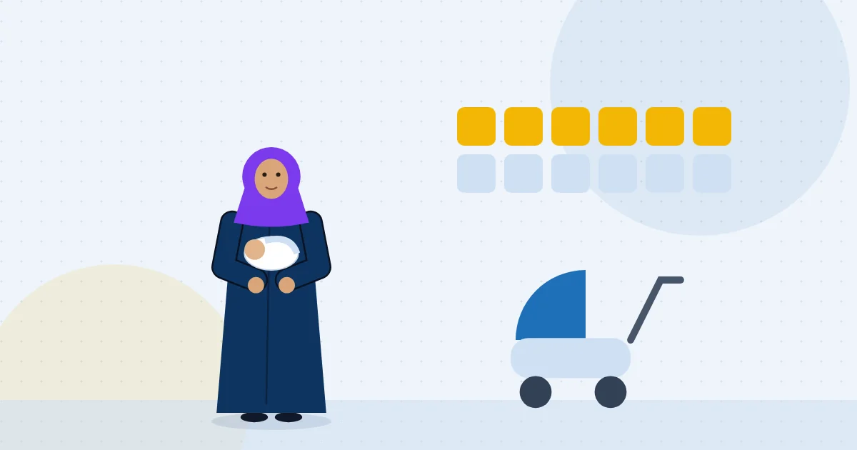 أم عاملة تحمل مولودها بجوار تقويم يوضح أسابيع إجازة الوضع