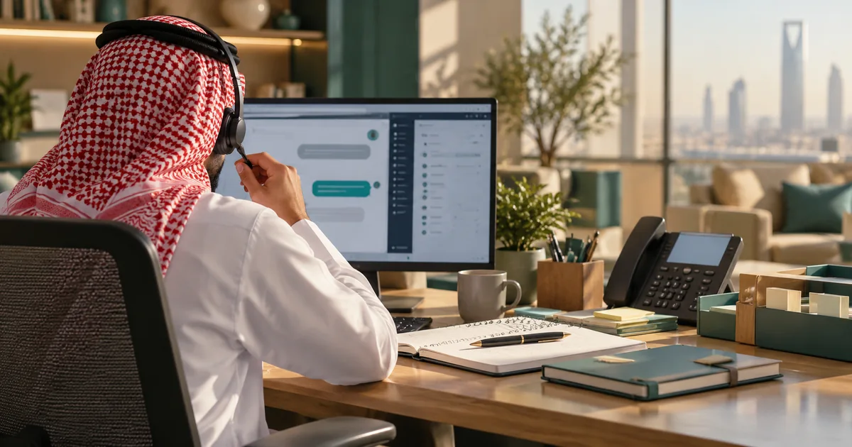 موظف يستخدم سماعة أمام شاشة محادثة خدمة