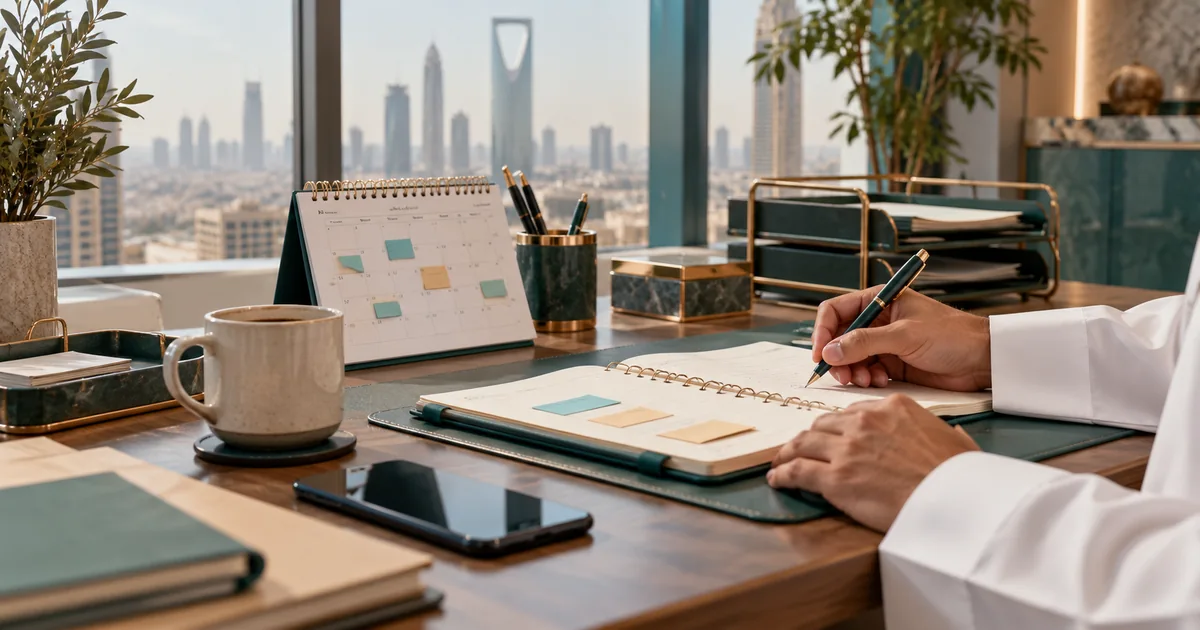 تدوين متابعة بجوار هاتف وتقويم مكتبي