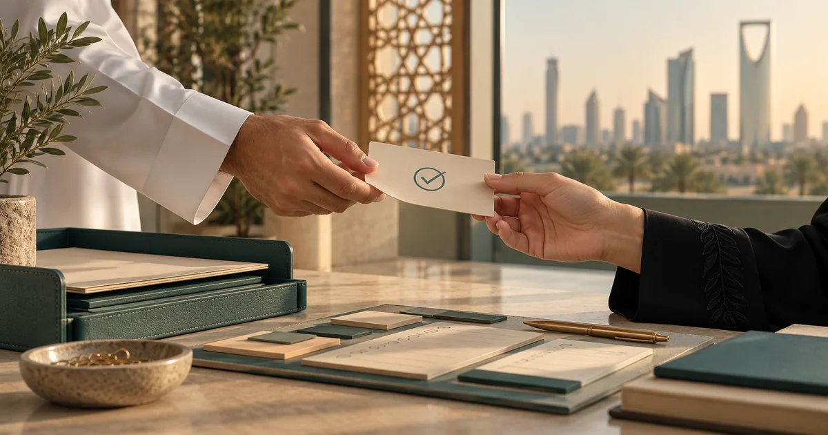 تسليم بطاقة مهمة بين زميلين بجوار مستندات العمل