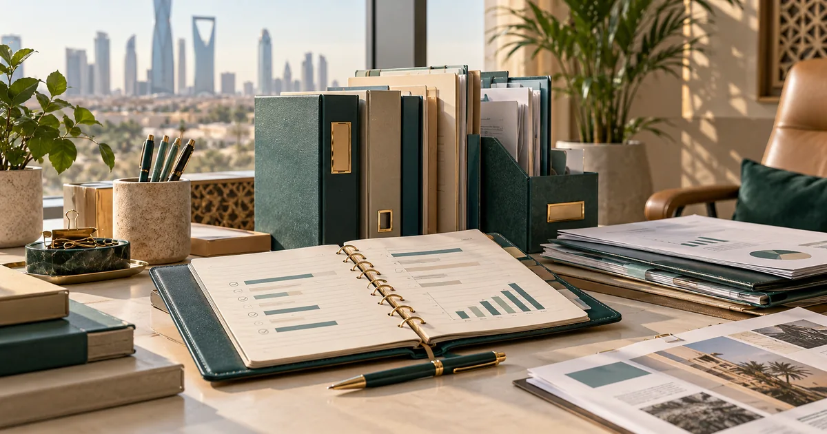 دفتر ومخطط إنجازات بجوار ملفات أدلة مرتبة