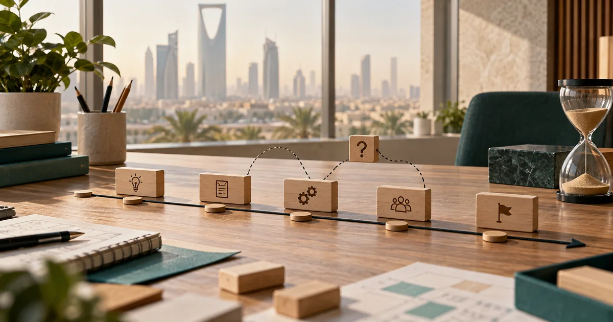 مكعبات مراحل وساعة رملية فوق مخطط زمني