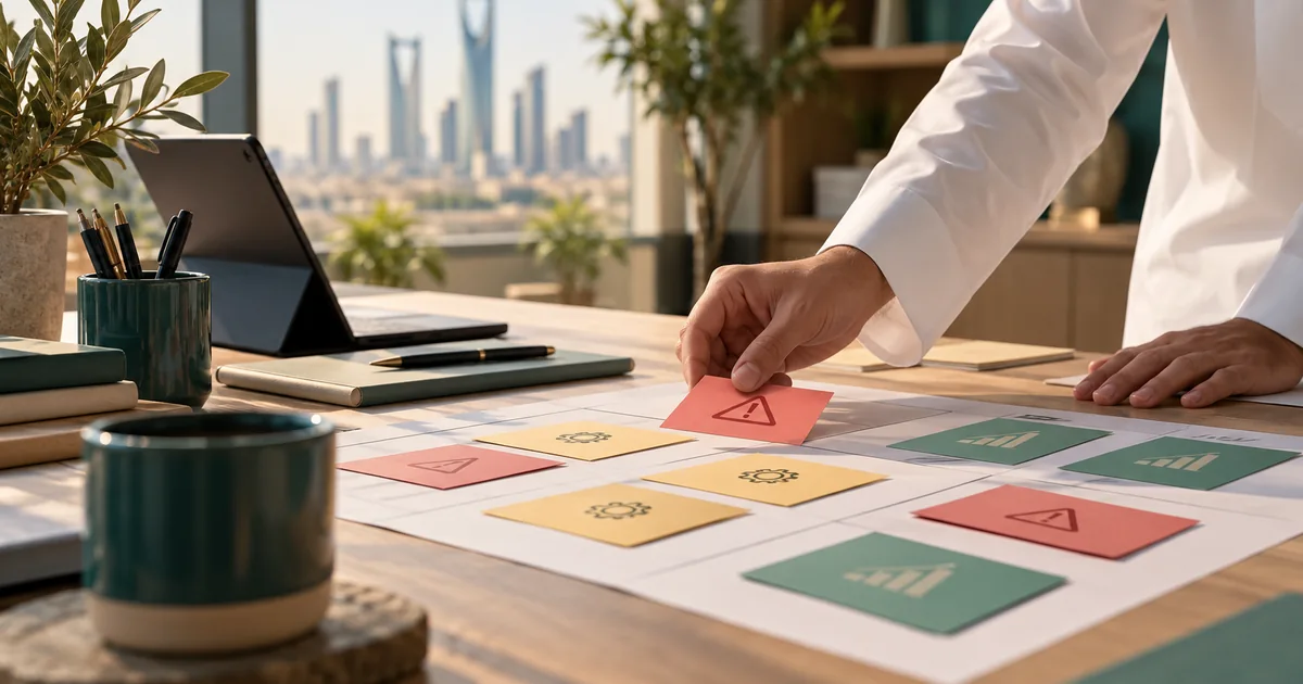 مراجعة بطاقات ملونة لمخاطر محتملة على مكتب