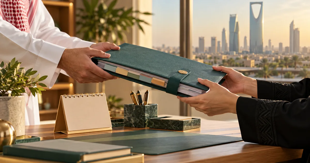 زميلان يتبادلان ملف تسليم منظم فوق المكتب