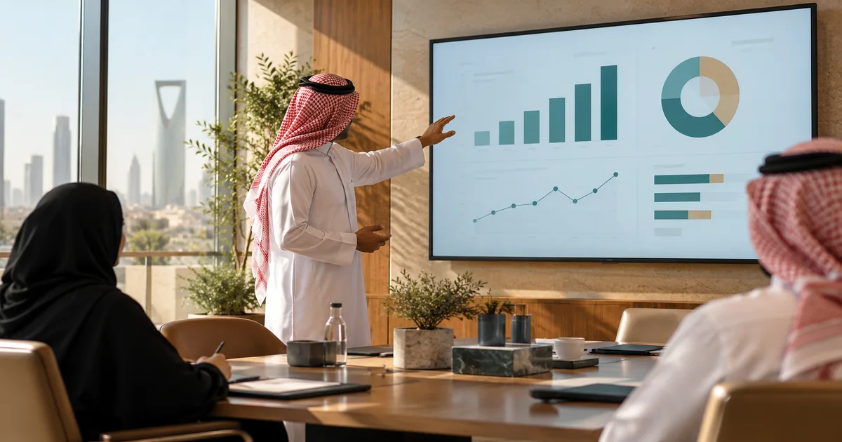 شرح رسوم ومؤشرات على شاشة أمام مشاركين في اجتماع